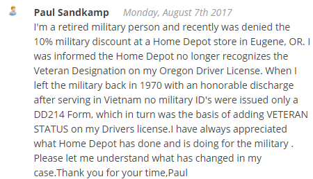Reclamo di sconto militare di Home Depot 2
