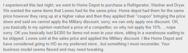 home depot military discount complaint