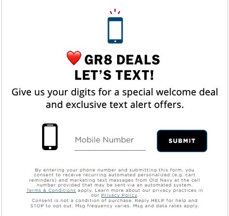Old Navy Text Alerts and Discounts