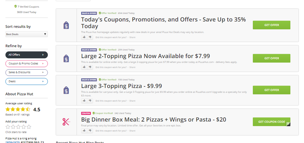 other offers from pizza hut