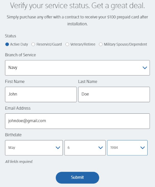 Comcast Xfinity Military Discount 100 Prepaid Card + 25 Coupon