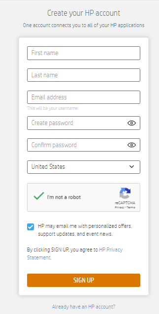 create your hp account form