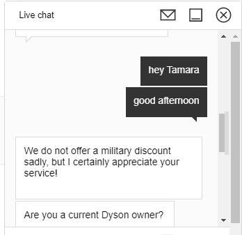 dyson live chat on military discount