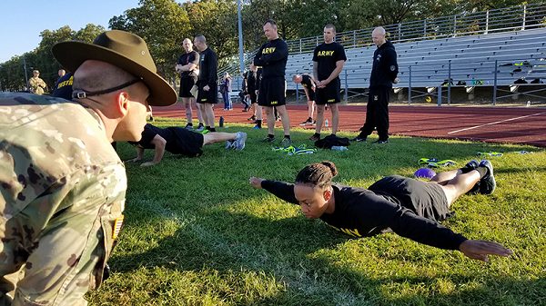 Soldier performs hand release push ups for Army Combat Fitness Test