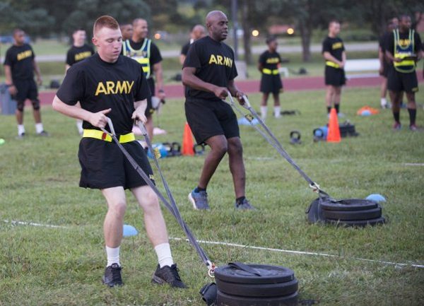 Soldiers during the drag portion of the Sprin-Drag-Carry for ACFT