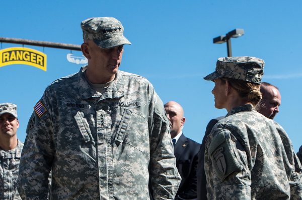 U.S. Army Chief of Staff Gen. Ray Odierno speaks with a female Soldier at the Army Ranger Training Brigade