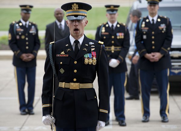 A U.S. Army captain positions a military honor guard to welcome Australian Defense Minister Stephen Smith to the Pentagon