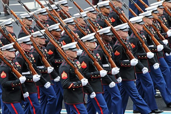 Marines of the U.S. Marine Corps Honor Guard march down Pennsylvania Avenue during the 58th Presidential Inauguration in Washington, D.C.