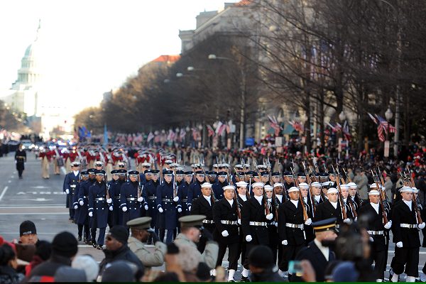 The Ceremonial Guard, with the United States Air Force Honor Guard and the 3rd U.S. Infantry Regiment (The Old Guard) during an inaugural parade.