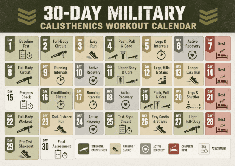 30-day military calisthenics workout calendar showing daily strength, running, recovery, rest, and assessment workouts